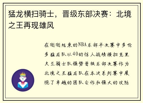 猛龙横扫骑士,晋级东部决赛:北境之王再现雄风